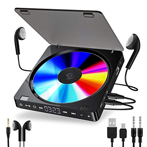 Lettore CD portatile 1200 mAh Personale Lettore MP3 CD con Doppia Presa per Cuffie da 3,5 mm disco Walkman con Protezione Antiurto per bambini e adulti