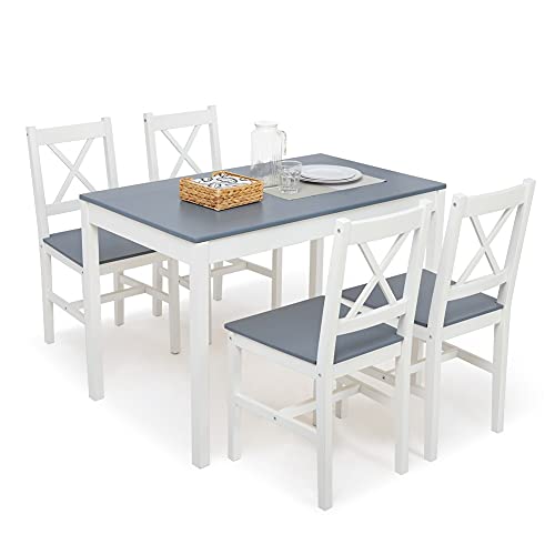 Meerveil Tavolo e Sedie Cucina, Set da Pranzo con Tavolo e 4 Sedie di Pino per le Cucina Sala da Pranzo, 108 x 65 x 73 cm, blu
