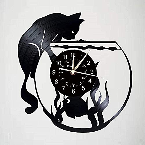 Smotly Orologio da Parete in Vinile, orologio da parete a tema gatto e pesce, regalo orologio da parete digitale per la decorazione della casa dell'artista. (Senza luce)