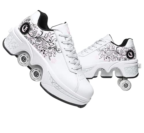 LDRFSE Scarpe con rotelle, pattini a rotelle, skateboard, scarpe per bambini con rotelle, scarpe da pattinaggio, scarpe da ginnastica con ruote per ragazze e donne, Polvere bianca., 39 EU