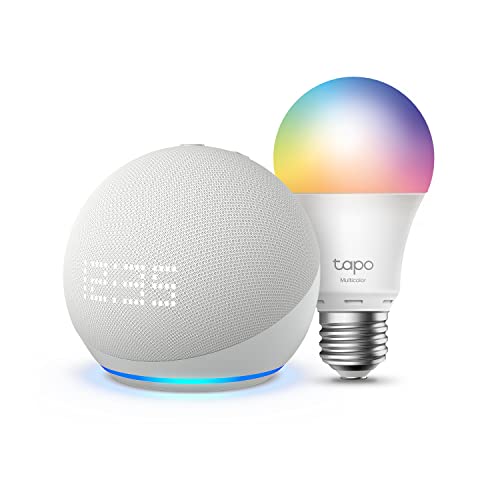 Echo Dot (5ª generazione, modello 2022) con orologio, Bianco ghiaccio + TP-Link Tapo Lampadina WiFi Intelligente LED Smart Multicolore (E27), compatibile con Alexa - Kit di base per Casa Intelligente