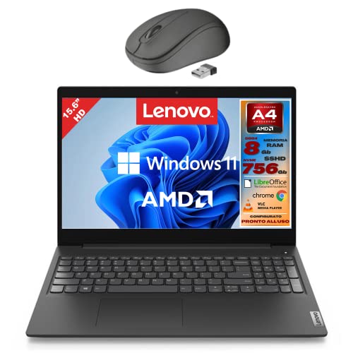 Lenovo, Pc portatile notebook, Display HD da 15,6', cpu A3020e, ram 8Gb, sshd 756Gb, windows 11 pro, computer portatile pronto all'uso + mouse wireless