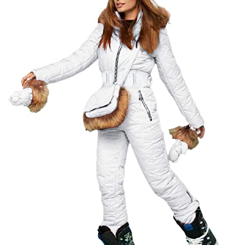 Tuta da neve da donna, intera, calda, per sci e snowboard, con cappuccio in pelliccia e guanti, impermeabile, abbigliamento per la neve, moda femminile, bianco, S