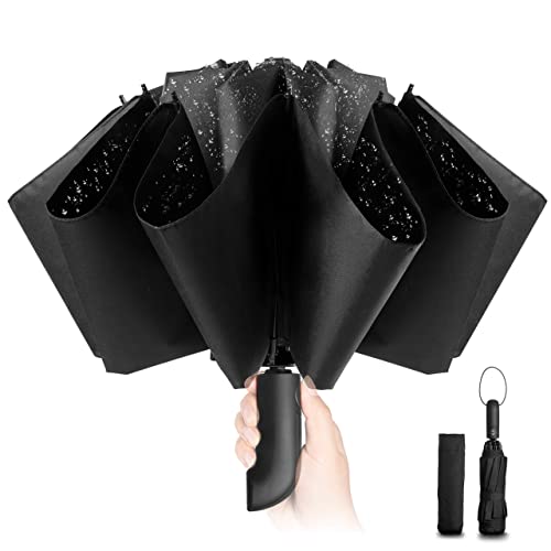 Ombrello pieghevole compatto anti-tempesta - antivento automatico nero per uomo, rivestimento in teflon 210T, inverso da 105 cm, da pioggia grande 10 ossa Regali di Natale