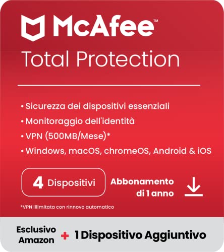 McAfee Total Protection 2023 | 4 Plus 1 dispositivi | Software antivirus e di sicurezza Internet | Include VPN, gestore delle password | Abbonamento di 1 anno | Codice d'attivazione via email