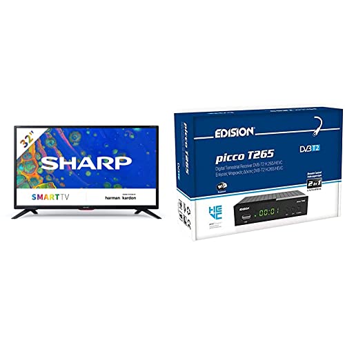 Sharp Aquos 32BC6E Smart TV HD 32%22 Ready LED TV, Wi-Fi, DVB-T2/S2 & Decoder Edision PICCO T265, Full High Definition DVB-T2, H265 HEVC 10 Bit Bonus TV Ricevitore Digitale Terrestre