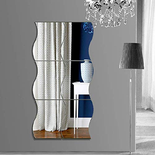Lesai Specchio Adesivo da Parete, Large Forma Ondulata Specchio Adesivo per la Decorazione di Superficie Home Office (Argento, 30 x 25 cm)