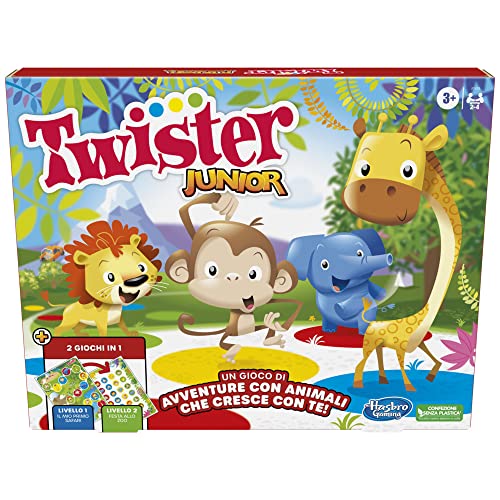Twister Junior, gioco in scatola Hasbro Gaming, tappetino da gioco fronte-retro, 2 giochi in 1, gioco da festa per bambini e bambine