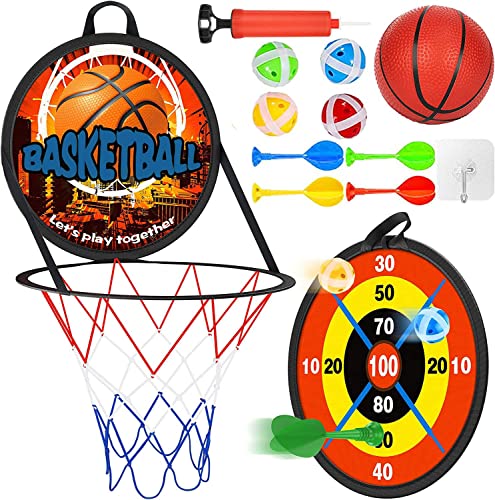 2 in 1 Canestro Basket per Bambini, Freccette per Bambini, Sport Pieghevoli e Giocattoli da Gioco All'Aperto, con Divertente Giocattolo da Basket, Palla Morbida, Pompa, Palle Adesive e Freccette