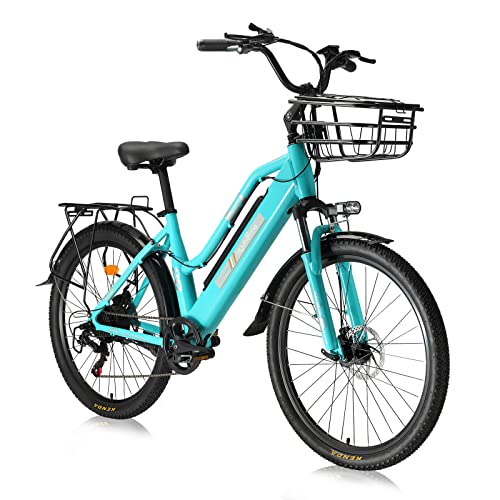 Hyuhome E Bike da donna 26 pollici, Electric City Bike per adulti, bici elettrica con cambio Shimano a 7 marce, bicicletta elettrica con batteria da 36 V 10 Ah per pendolarismo e viaggi (verde)
