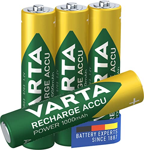 VARTA Batterie ricaricabili AAA Rechargeable Ready2Use precaricata Micro Ni-Mh (pacco da 4, 1000mAh), ricaricabile senza effetto Memory - pronta all'uso