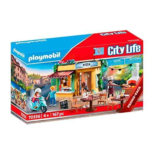 Playmobil City Life 70336 - Pizzeria con tavoli all'aperto, Con effetti luminosi, Dai 4 anni