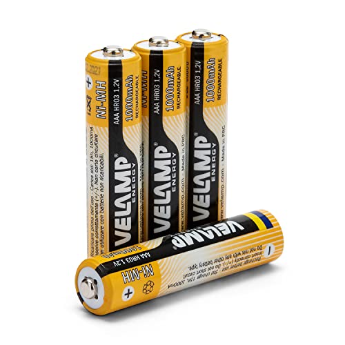 VELAMP HR03/4BP Batterie Ricaricabili Mini Stilo AAA ad Alta Capacità 1,2V 1000 mAh, Tecnologia Ni-MH, ricaricabili circa 1000 volte, Blister 4 Pezzi