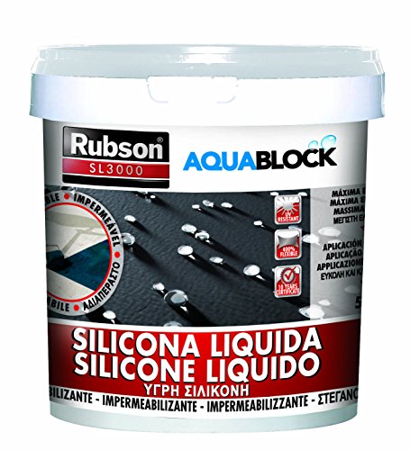 Rubson Aquablock Silicone Liquido SL3000, Facile e Sicuro da Usare, per Impermeabilizzazione e Riparazione di Tetti e Coperture Piani e Inclinati, Guaine, Fioriere, Bianco, Secchio 5kg
