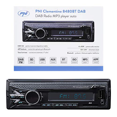 DAB Autoradio Lettore MP3 per auto PNI Clementine 8480BT 4x45w, 12 / 24V, 1 DIN, con SD, USB, AUX, RCA, Bluetooth e USB 1.5A per la ricarica del telefono
