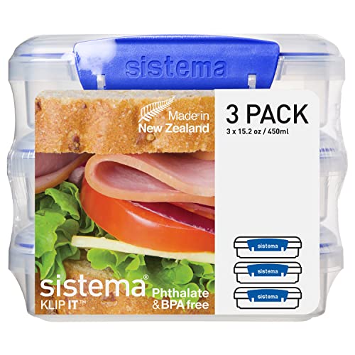 Sistema KLIP IT contenitori per sandwich | Lunch box impilabili da 450 ml con coperchi a tenuta stagna | Privi di BPA | Clip blu | 3 pezzi