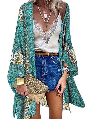 ZANZEA Donna Kimono Cardigan Vintage Nazionalit¨¤ Stampa Boemia Estivo Manica Lunga Sciolto Vacanza Spiaggia Bikini Cover Up 01-Verde S