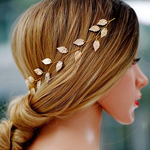 Yean - Fascia per capelli con foglie dorate per damigella d'onore e sposa (40 cm)