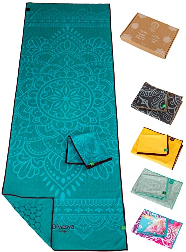 DIVASYA SET Asciugamano Yoga (microfibra riciclata): 1 telo Yoga antiscivolo (rilievi antiscivolo), 183x61 cm, come tappetino Yoga pieghevole da viaggio/studio, 1 asciugamano viso extra (60x40 cm)