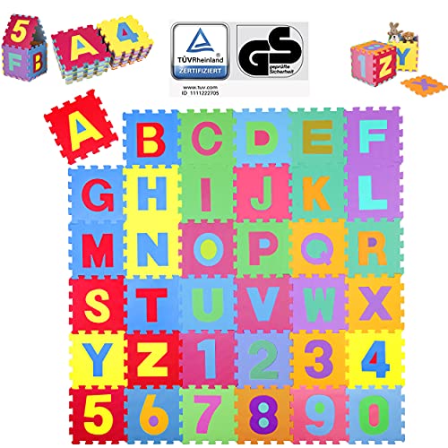 KIDUKU® Tappeto Puzzle 36 pezzi - Testato TÜV Rheinland - con numeri e lettere colorati in morbida gomma EVA resistente, isolante, lavabile – Tappeto da gioco per bambini