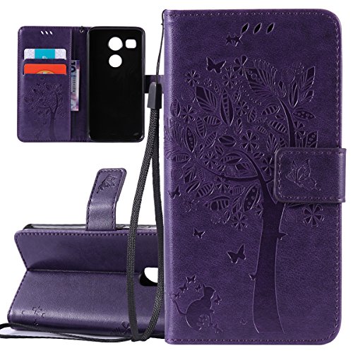 ISAKEN Compatibile con LG Nexus 5X Custodia, Libro Flip Cover Portafoglio Wallet Case Albero Design Tinta Unita Caso in Pelle PU Protezione Caso con Supporto di Stand/Carte Slot/Chiusura - Violet