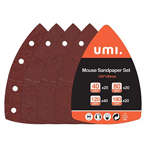 Amazon Brand - Umi Fogli Abrasivi 100 Pezzi, Carta Levigatrice per Mouse per Levigatrici Multiple, Grana 40-80-120-180