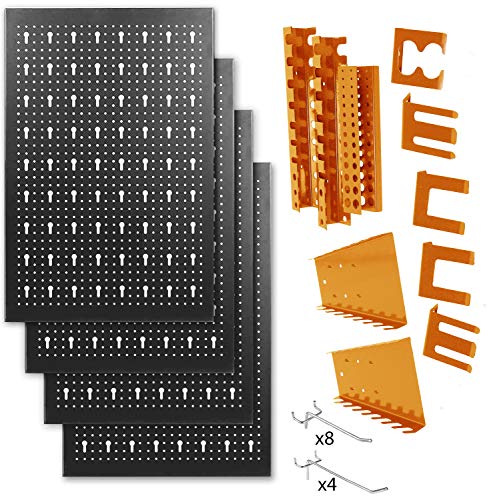 Metallmobell - HPTH-001, Pannello per attrezzi da 160 x 60 x 2 cm, kit di 4 pannelli perforati metallici 40 x 60 x 2 cm + kit per attrezzi 22 pezzi (nero/arancione)
