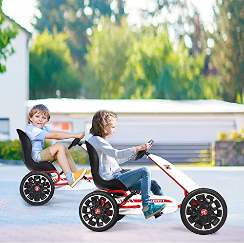 RELAX4LIFE Go Kart a Pedali in Ferro con 4 Ruote, Go Kart per Bambini con Sedile Regolabile e Freno, per Bambini da 3 a 8 Anni (Bianco)