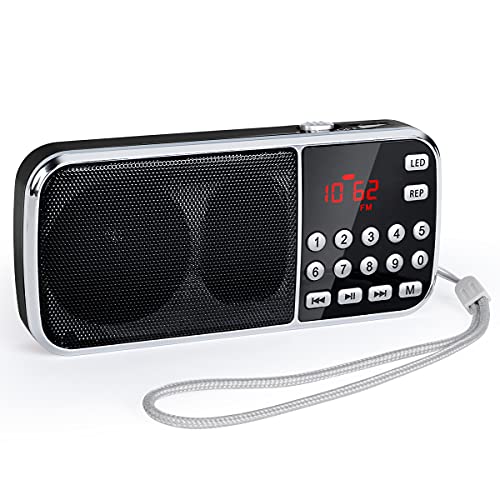 PRUNUS J-189 Mini Radio Portatili FM/AM, Radio Portatile Ricaricabile con Funzione Bluetooth, Radiolina Digitale con Eccellente Ricezione, Supporto Micro TF Card/USB/AUX, con Torcia di Emergenza(Nero)