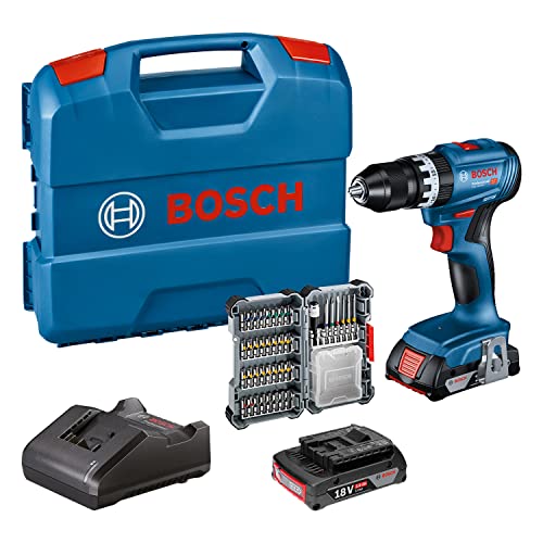 Bosch Professional Trapano avvitatore a percussione a batteria GSB 18V-45, velocità di rotazione 1.900 minuti, 2 batterie da 2,0 Ah, accessori, GAL 18V-20, L-case, Amazon Exclusive