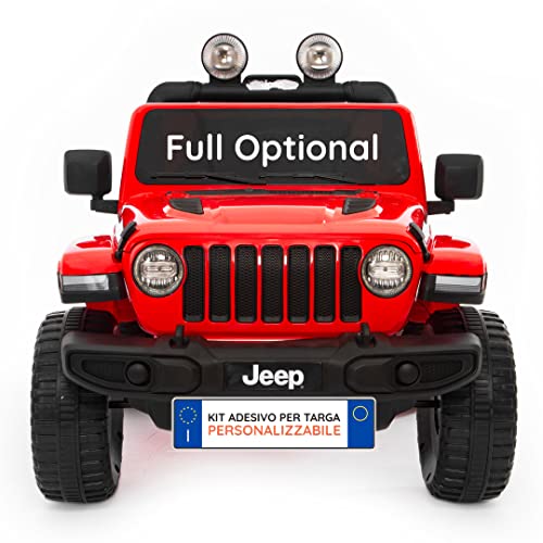 Babycar Jeep ® Wrangler Rubicon 2 Posti 12 Volt con Sedile in Pelle Macchina Elettrica Jeep per Bambini Porte apribili con Telecomando 2.4 Ghz Soft Start Full Optional (Rosso)