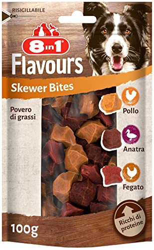 8in1 Flavours Skewer Bites Snack con petto d'anatra, petto di pollo o fegato di pollo, per cani di tutte le taglie - 100 g