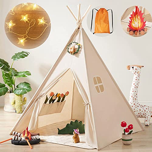 Tiny Land Tipi Tenda per bambini con luci e borsa per il trasporto, tenda da gioco in cotone naturale, per ragazze e ragazzi, giocattolo per bambini di 3,4,5 anni