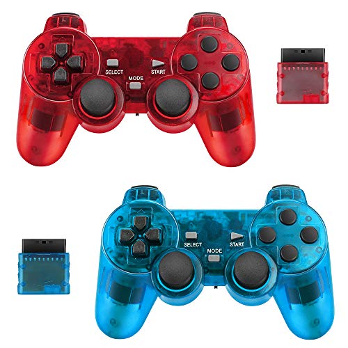 Wireless Controller for Sony PS2 Playstation Achort 2.4G Gamepad Joystick Remote with Dual Shock Vibration Sensitive Control Wirelless Receivers (ClearBlue and ClearRed)