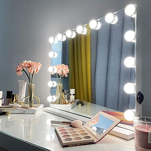 iCREAT Hollywood Specchio da trucco con 15 lampadine dimmerabili, grande specchio cosmetico con illuminazione intelligente touch screen regolabile 58 x 43 cm