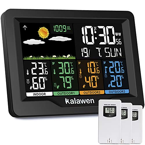 Kalawen Stazione Meteo Meterologica Digitale con 3 Sensore Esterno Wireless Automatica con Schermo LCD Display Sveglia Tempo Data Temperatura Umidità Previsioni Meteo