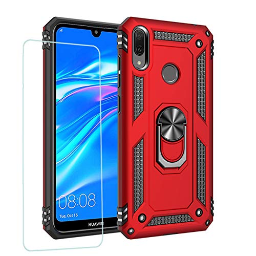 JOYTAG cover per Huawei Y7 2019，Custodia + vetro temperato Silicone TPU 360 grado anello girevole magnetico Supporto cassa del telefono dell'auto case-Rosso