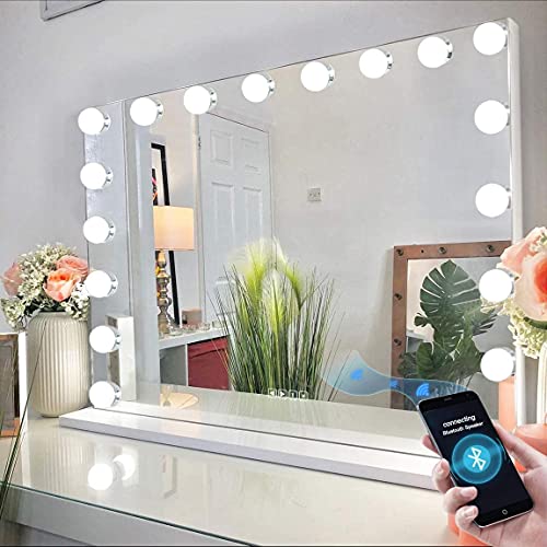 FENCHILIN Specchio trucco con Luci e Bluetooth Specchio Trucco Hollywood con 18 lampade a LED dimmerabili Porta di ricarica USB Grande specchio makeup con luci Specchio ingranditore 10x 80x60cm