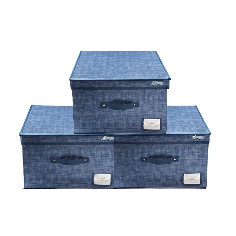 VIRSUS Set 3 Scatole Maxi Portaoggetti Pieghevole in tessuto blu con coperchio 6924, misura 50x40x25 cm, contenitore salvaspazio con maniglia e Portaetichetta per Armadio organizer vestiti, accessori