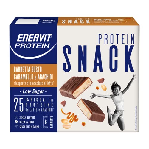 Enervit, Protein Snack con Arachidi, 8 Barrette da 27 Grammi, Cramello e Cioccolato al Latte, Barrette Energetiche Ricche di Proteine e Fibre, Senza Glutine e Olio di Palma