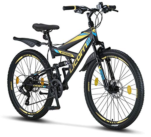 Licorne Bike Strong D 26' mountain bike Fully, adatto a partire da 150 cm, freno a disco anteriore e posteriore, cambio a 21 marce, sospensioni complete, per ragazzi, Nero/Blu/Lime