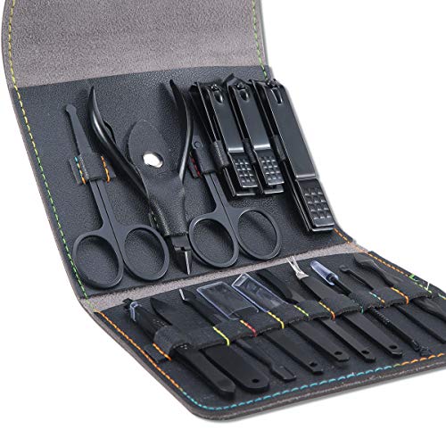 Tagliaunghie Set Professionale - Grooming Kit Strumenti per Manicure e Pedicure 16pcs con Lussuosa Custodia da Viaggio in Pelle (Nero)