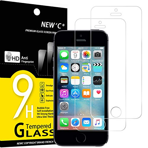 NEW'C 2 Pezzi, Vetro Temperato per iPhone 5, iPhone 5S, iPhone 5C, Pellicola Prottetiva Anti Graffio, Anti-Impronte, Senza Bolle, Durezza 9H, 0,33mm Ultra Trasparente, Ultra Resistente