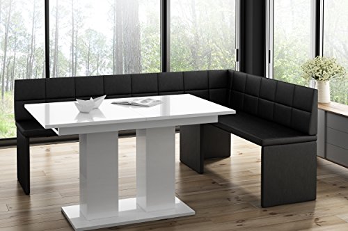 Panca angolare Marta nera con tavolo a colonna, panca da cucina ad angolo, imbottita, in ecopelle, facile da pulire, robusto telaio in legno, 168 x 128R