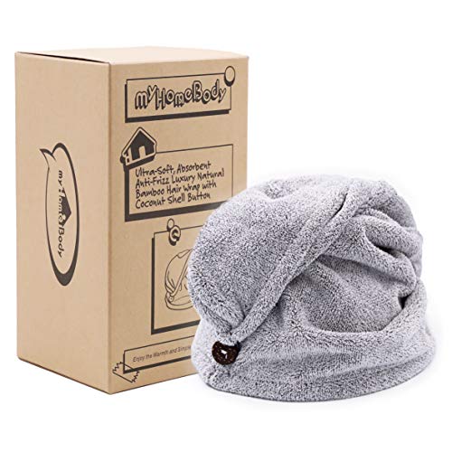 myHomeBody Asciugamano per Capelli | Turbante asciugacapelli di Lusso Anti-Crespo ad Asciugatura Rapida | con Bottone in Guscio di Cocco - Grigio