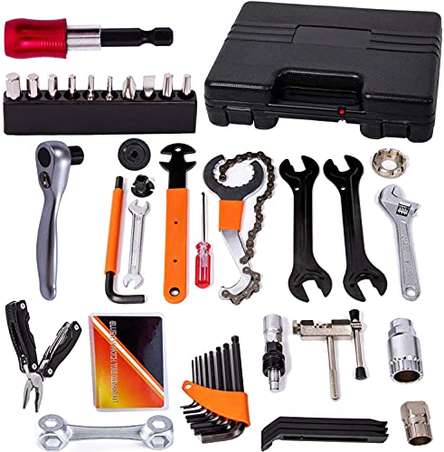COZYROOMY Kit attrezzi riparazione biciclette - Cassetta degli attrezzi biciclette con cricchetto reversibile, utensile per catena, utensile per pneumatici da bicicletta, chiave per pedali, ecc.