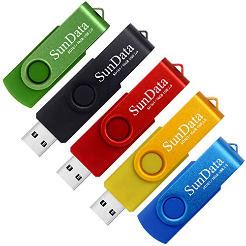 SunData Chiavetta USB 16GB 5 Pezzi PenDrive Girevole USB2.0 Flash Drive Thumb Drive Memoria Stick per Archiviazione Dati con Luce LED (5 colori: Nero Blu Verde Rosso Oro)