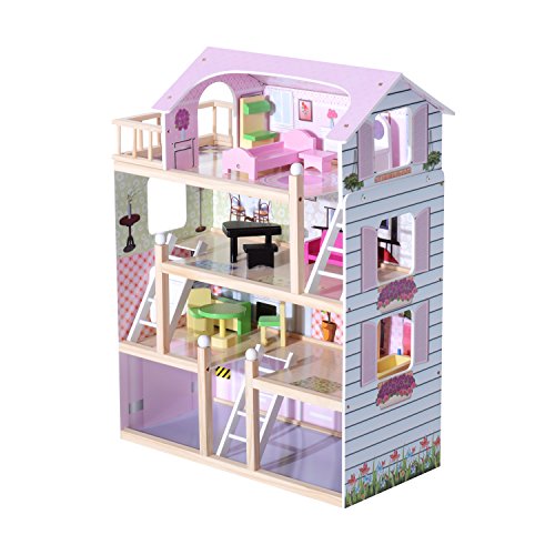 homcom Casa delle Bambole a più Piani in Legno con Accessori, Rosa, 60x30x80cm