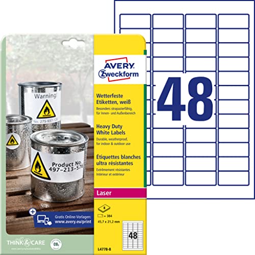 Avery L4778-8 Etichette in poliestere bianco, adesivo permanente, 45,7x21,2mm, 48 etichette per foglio, confezione da 8 fogli
