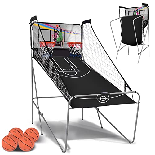 GYMAX Macchina da Basket, Set Pallacanestro Elettronico Giocattolo Basket, Pieghevole, con 4 Palle, Display Digitale e Poma, Ideale per Casa e Ufficio, 110x203x206 cm